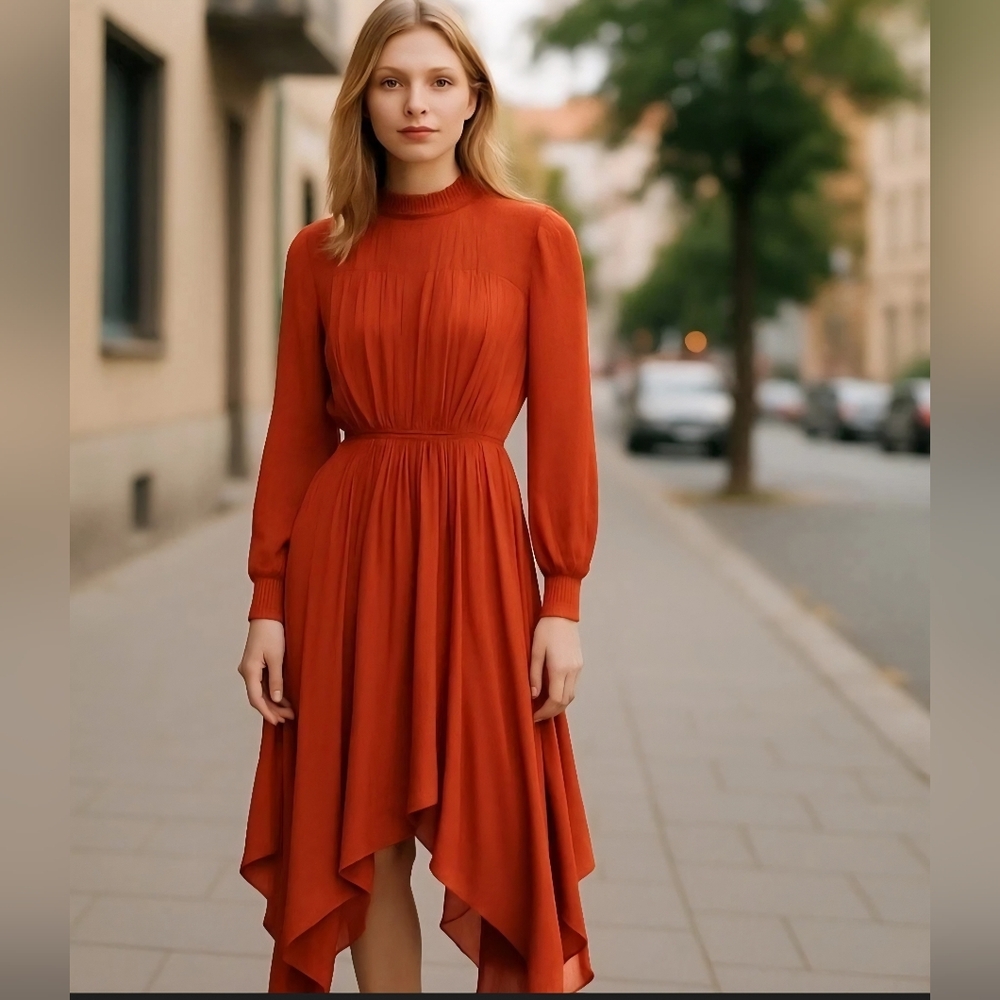 Nanette Lepore‎ Smocked Handkerchief Hem Midi Dress Orange Size 4